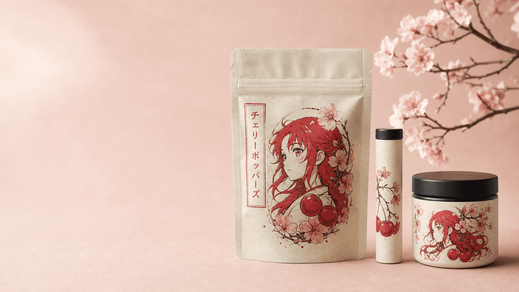 The Cherry Popperz product family arranged on a soft blush surface in natural light.