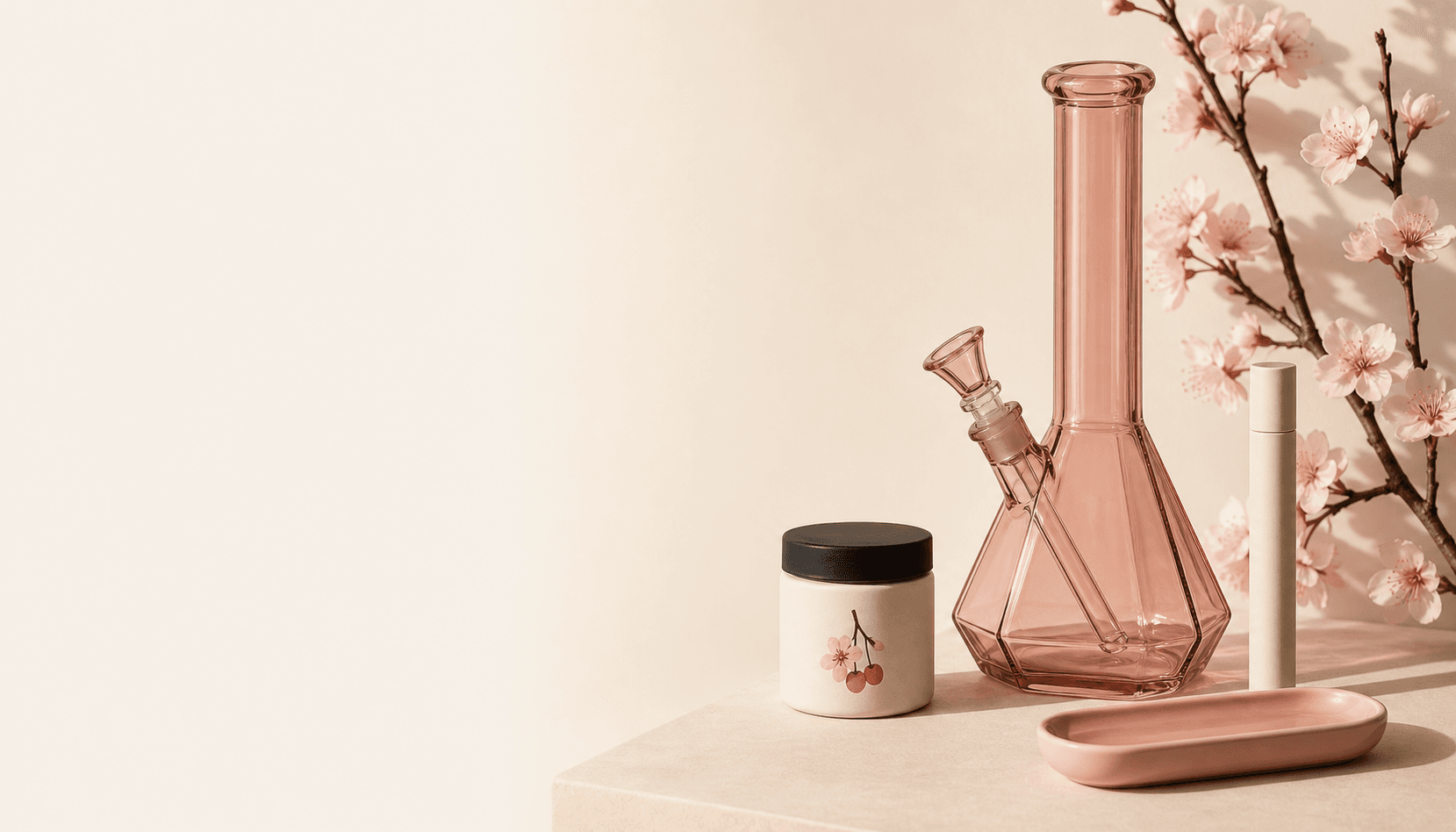 A still life of premium cannabis accessories on a warm paper-cream surface, photographed in soft natural light.